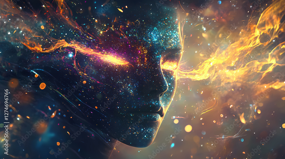 Wall mural mysterious masked figure blending seamlessly into a digital abstract background filled with glowing 