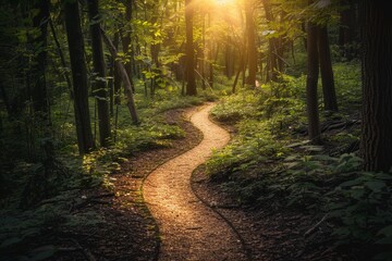 Obraz premium Lush forest path illuminated by sunlight during late afternoon in a tranquil natural setting