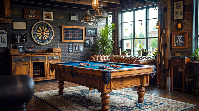 A pool table in a room with a couch and a dart board
