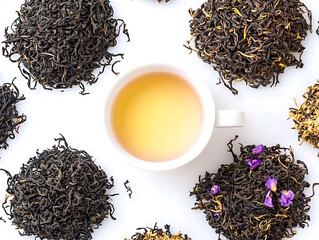 Fototapeta premium Assorted loose leaf teas surround a cup of freshly brewed tea on a bright white background.