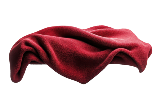 A soft, wave-like red blanket floats gracefully in mid-air, capturing a moment of cozy elegance isolated on transparent background