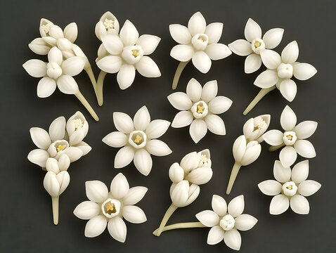 Arrangement of delicate white star-shaped flowers and buds with yellow centers against a dark background.
