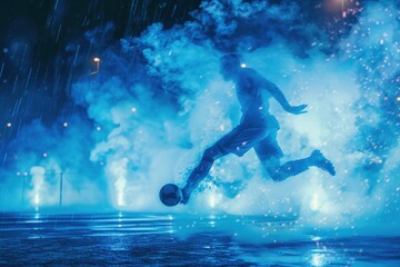 Fototapeta premium Football player kicking the ball with precision, captured in motion under neon blue lights