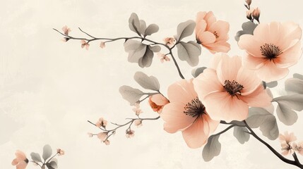 Elegant floral art with pastel peach blossoms on delicate branches