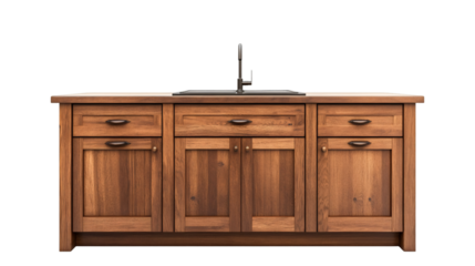 Elegant wooden kitchen cabinet featuring a built-in sink, drawers, and cabinets, perfect for showcasing kitchen designs with a transparent background