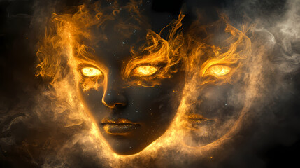 Triple goddess mystical fantasy portrait with glowing eyes and ethereal smoke. Glowing Ethereal Masks. Illustration