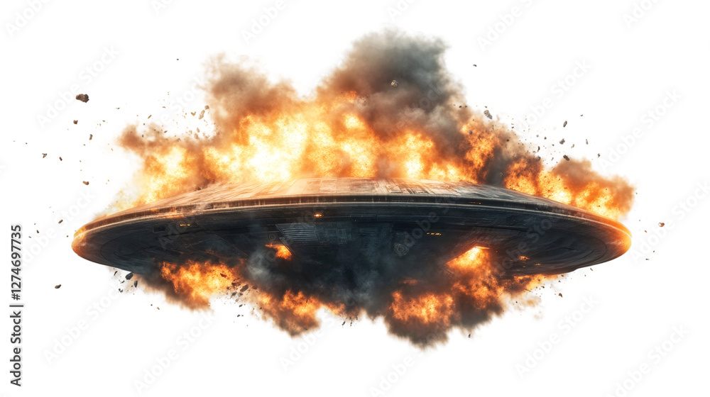 Poster Huge and burning spaceship exploding on a transparent background, perfect for science fiction and fantasy projects