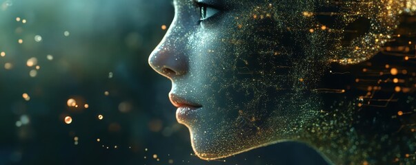 Futuristic digital face with glowing particles in profile view
