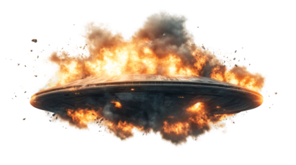 Huge and burning spaceship exploding on a transparent background, perfect for science fiction and fantasy projects