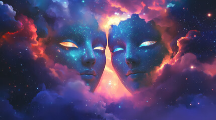Two mysterious masks appear from colorful clouds, merging with stars in magical twilight. Glowing Ethereal Masks. Illustration