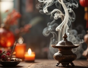 A beautifully crafted incense burner with spirals of smoke rising gracefully, set against a softly blurred background, illuminated by warm candlelight and Chinese ornaments. Generative AI