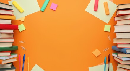 Colorful stationery and stacked books on orange background suggesting study or education