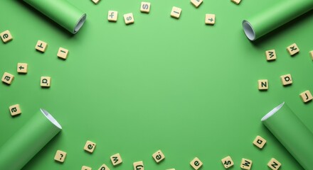 Green background with scattered letter tiles, framed by green cylinders