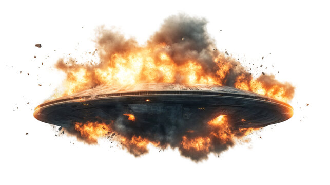 Huge and burning spaceship exploding on a transparent background, perfect for science fiction and fantasy projects