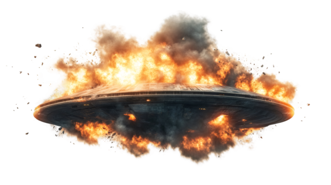 Huge and burning spaceship exploding on a transparent background, perfect for science fiction and fantasy projects