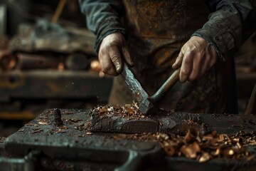 Artisan carefully hammers intricate floral designs into a wooden surface at a workshop during the late afternoon
