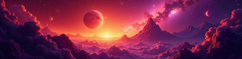 Deep space with stars and planets in orange and purple hues, sky, galaxy, hues
