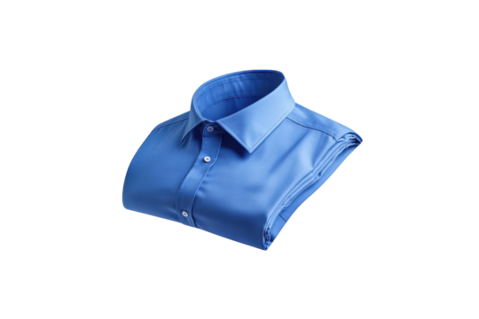 A neatly folded blue shirt floating against a minimalist white background in bright, natural light isolated on transparent background