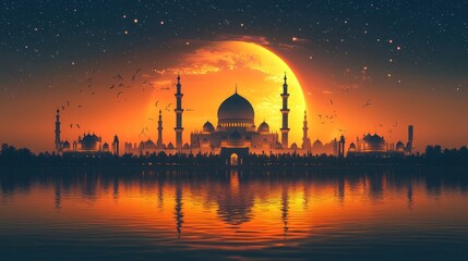 Fototapeta premium Mosque at sunset, moonlit night, cityscape reflection. Ideal for travel, religious themes