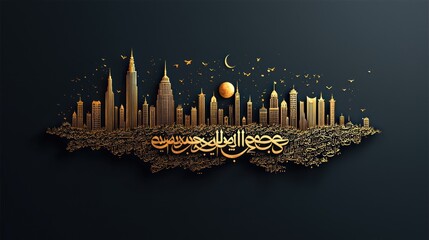 Fototapeta premium Golden NYC skyline at night, crescent moon, Islamic calligraphy, Eid greeting card