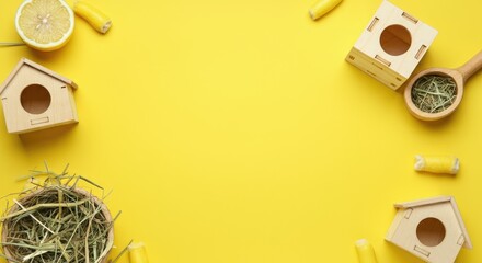 Wooden pet toys and hay on yellow background