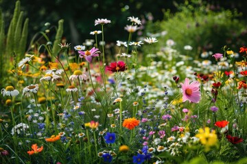 Colorful flower garden displays vibrant blooms in spring sunlight along a winding path surrounded by lush greenery at a tranquil park