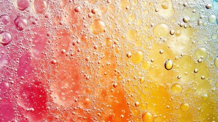 Colorful oil and water bubbles on vibrant gradient background with red, orange, and yellow hues