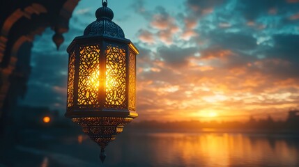 Ramadan lantern sunset lake peaceful spirituality