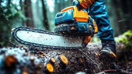 A man using a chainsaw to cut down a tree in the woods