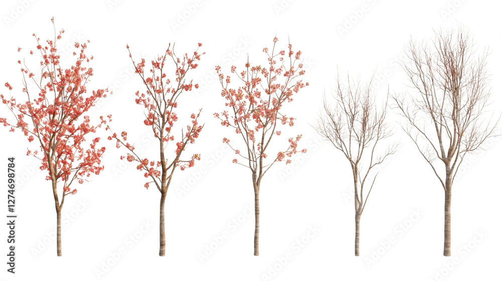 Poster Five trees changing aspect from autumn with red leaves to winter with bare branches on a transparent background
