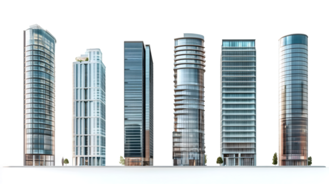 Six contemporary skyscrapers isolated on transparent background, showcasing modern architecture and urban development
