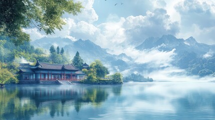 Fototapeta premium Serene lakeside pagoda with misty mountains and lush greenery on a tranquil morning