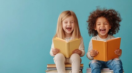 Fototapeta na wymiar Two adorable children, a girl and a boy, laugh joyfully while reading books.