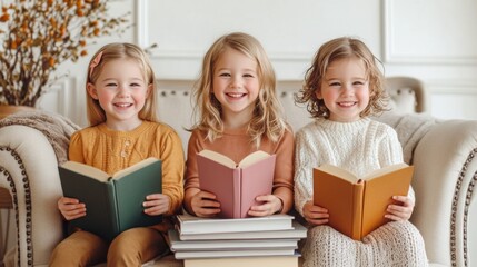 Fototapeta premium Three adorable girls enjoy reading books together on a comfy couch. A heartwarming moment of childhood literacy.