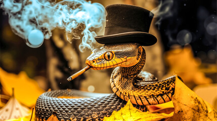 A snake with a top hat and a cigarette in its mouth