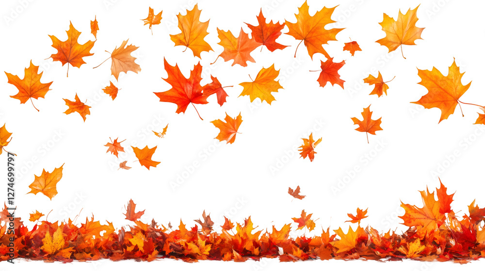 Aufkleber colorful maple leaves falling and creating a border on a transparent background, perfect for autumn-