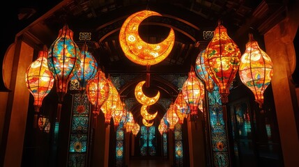 Obraz premium Illuminated hallway with crescent moons and lanterns; festive Middle Eastern architecture; decor