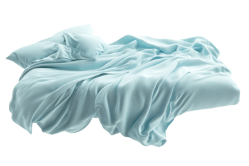 Soft aqua bedding with elegant folds bathed in natural light, creating a serene atmosphere isolated on transparent background