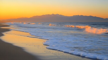 Golden Sunset Waves Crashing On Sandy Beach Mountainscape