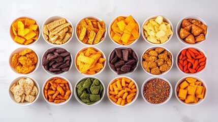 A vibrant assortment of snack foods arranged in bowls, showcasing various textures and colors