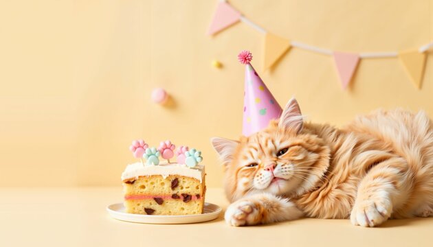 Contented ginger cat celebrating birthday next to cake, cozy joy