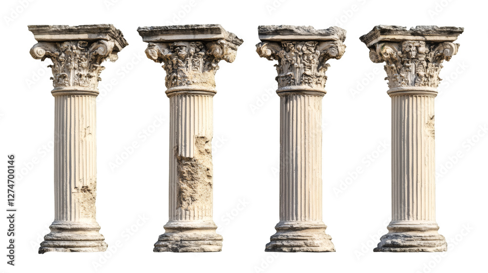 Poster Weathered roman columns displaying architectural decay, varying structural integrity against transparent backdrop