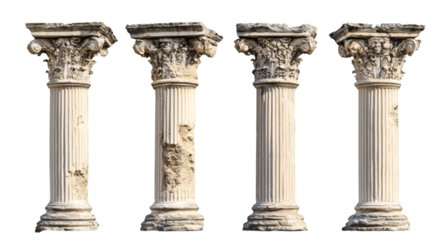 Weathered roman columns displaying architectural decay, varying structural integrity against transparent backdrop