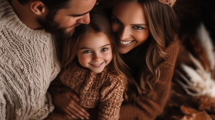 Obraz premium A young family cuddles together, their love and warmth palpable in the cozy setting.