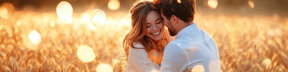 Fototapeta premium Young couple embracing in a golden field at sunset. Warm light and romantic mood.