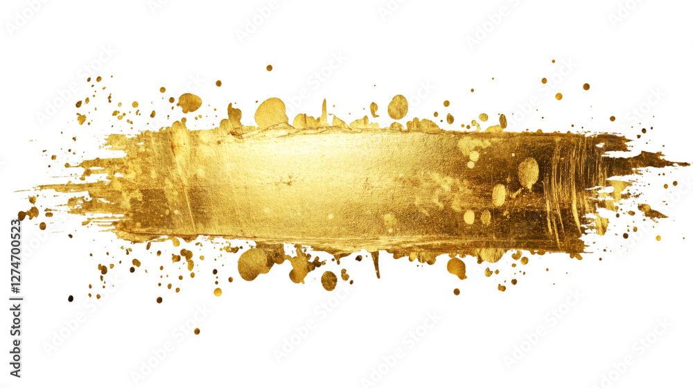 Poster gold paint brush stroke featuring vibrant splatters, isolated on a transparent background, creating 