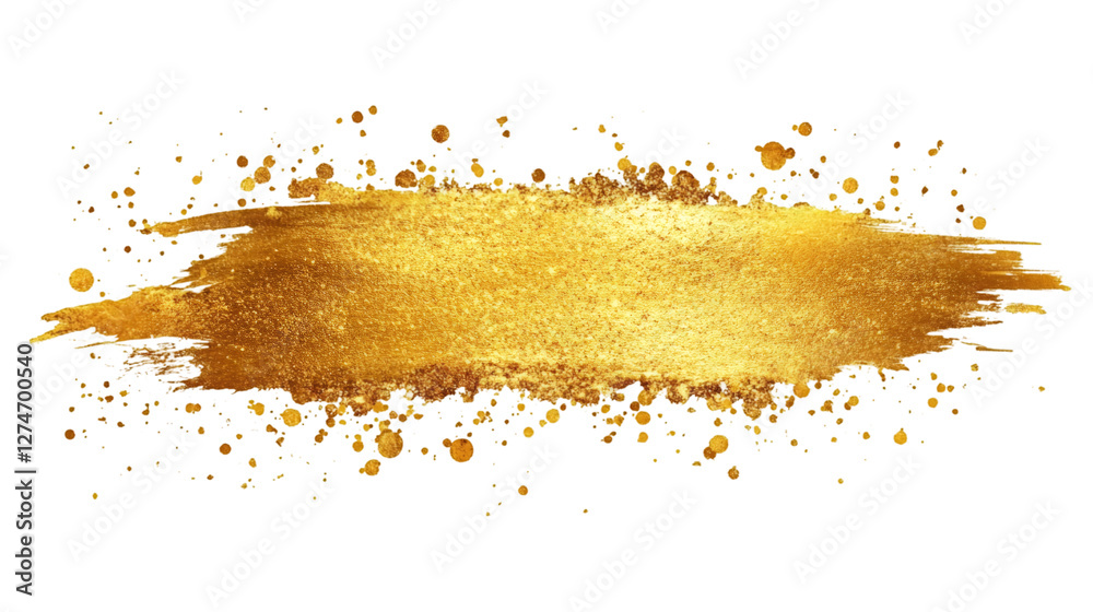 Poster Golden glittering paintbrush stroke sparkling with dynamic particles against transparent backdrop