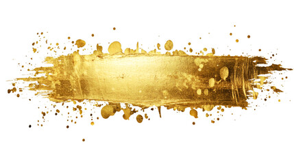 Gold paint brush stroke featuring vibrant splatters, isolated on a transparent background, creating a luxurious and elegant texture