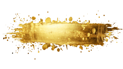Gold paint brush stroke featuring vibrant splatters, isolated on a transparent background, creating a luxurious and elegant texture