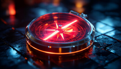 Glowing compass in dark environment.  Possible use  Conceptual image of navigation, decision-making